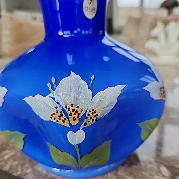 Fenton Blue Overlay Cased Glass White, Hand Painted, Pinched Side, Ruffled Top - Picture 2 of 5